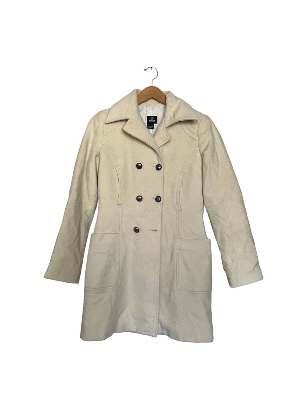 Vtg VERSACE Jeans Couture Wool Double Breasted Pea Coat Jacket Cream XS Buttons